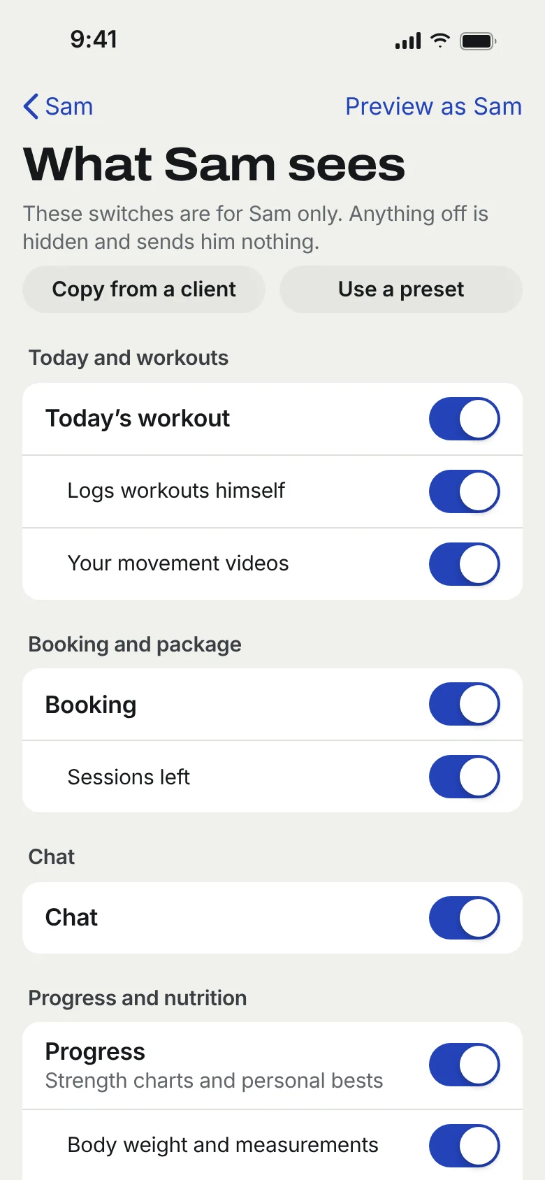 Per-client feature switches for workouts, nutrition and booking